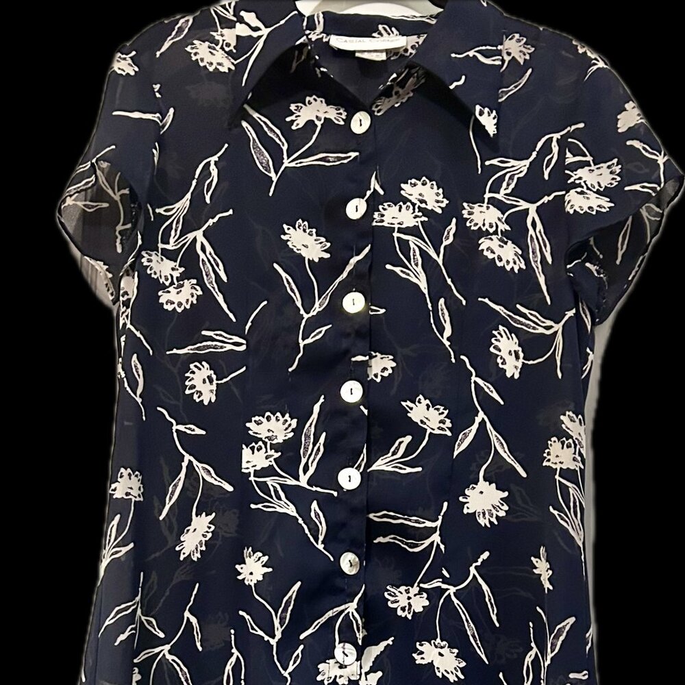 Vintage Sheer Casual Corner Navy Floral Button Down Dress Size Small